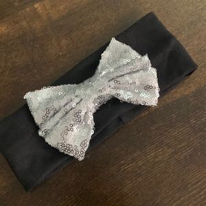 Silver Sequin Bow Headband for Girls on Black Comfy Stretch Knit